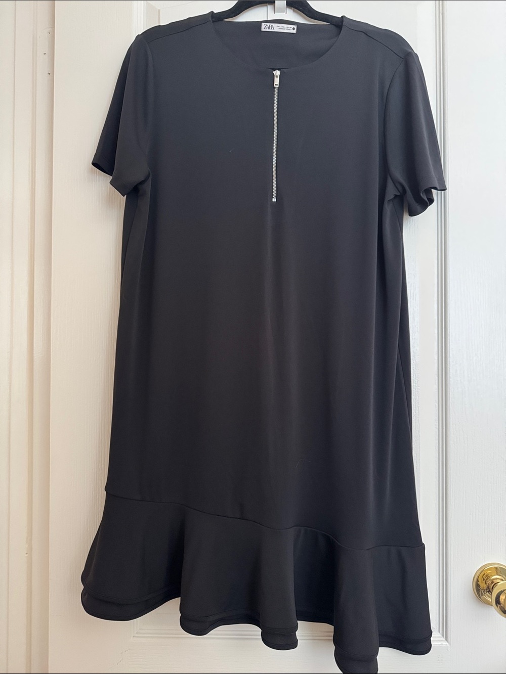 Zara Black Short Sleeve Shift Dress with Front Zip and Double Ruffle Hem